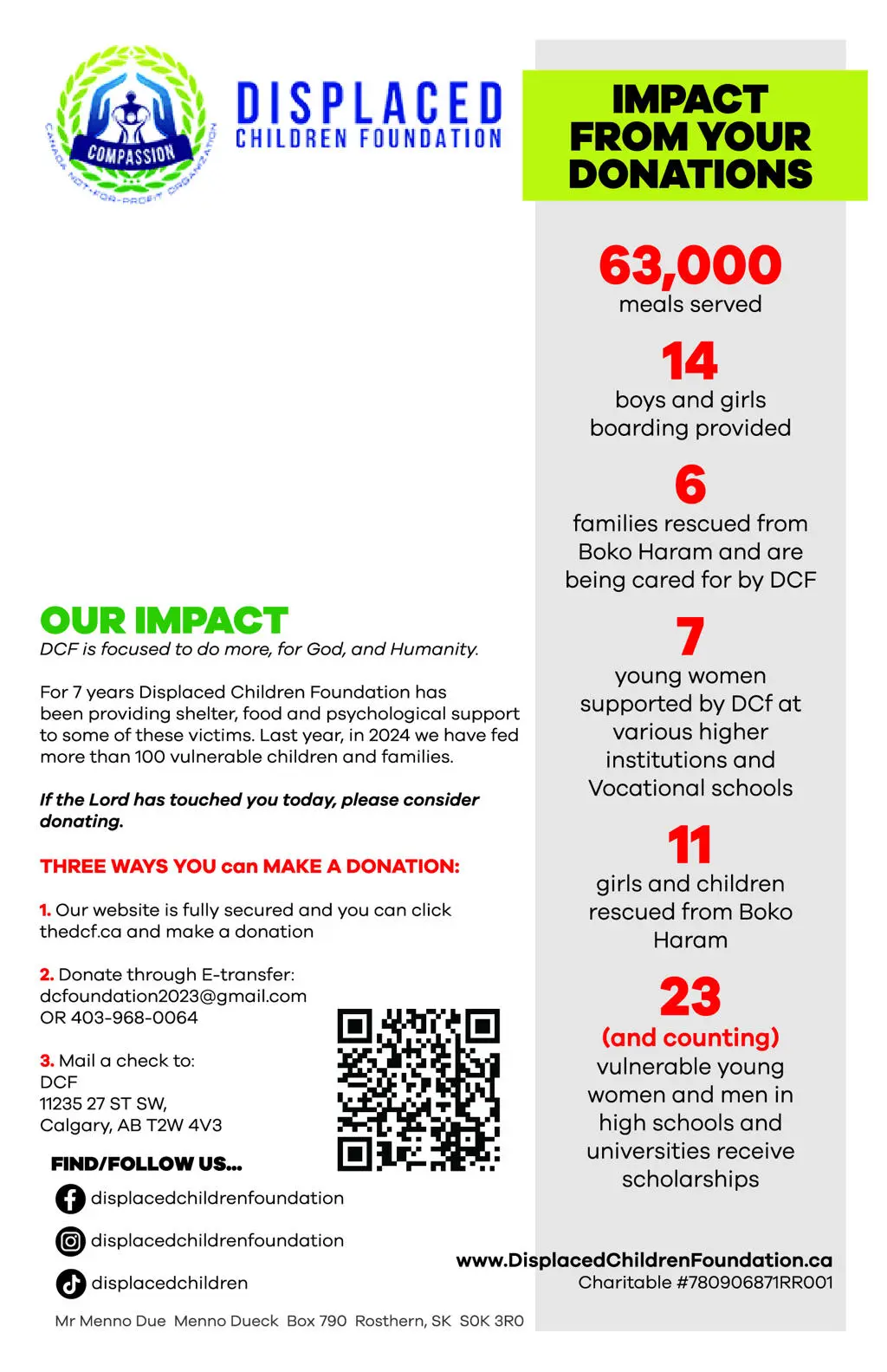 Displaced Children Foundation impact and donation information.